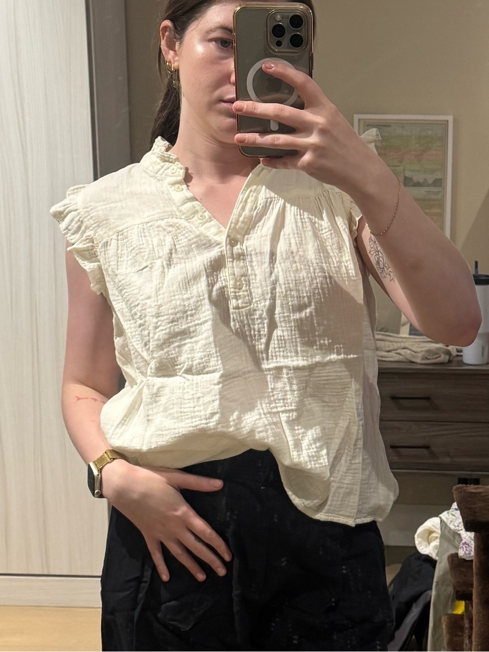 J. Crew Cream Gauze Ruffle Cap-Sleeve Button Front Top
